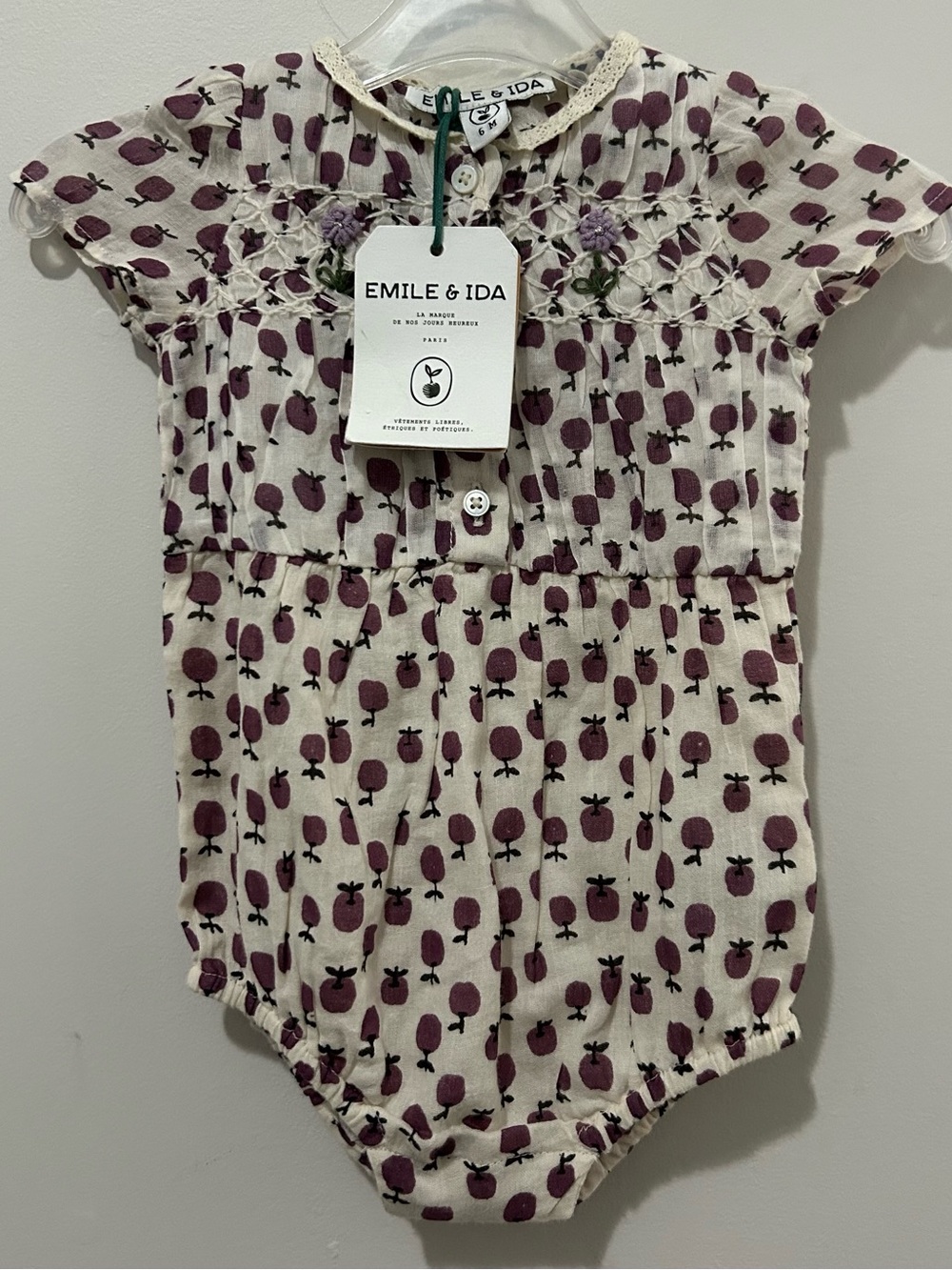 Emile & Ida Baby Apple Print Romper in Cream & Plum